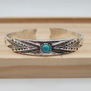 Ornate Southwestern Cuff Bracelet Silver Tone Blue Stone New